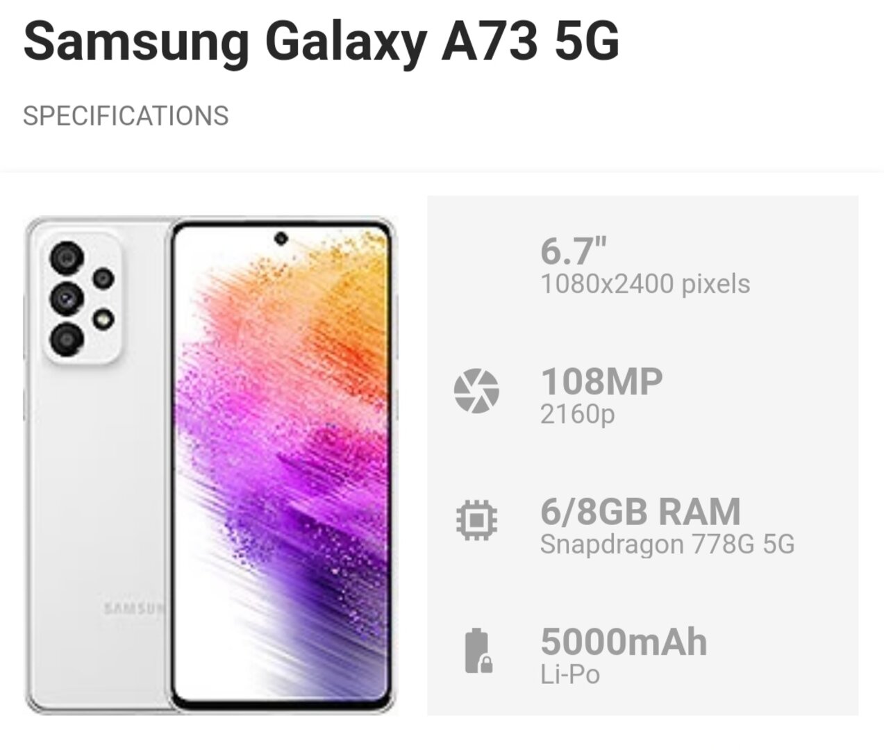 Samsung Galaxy A73 A736E/D 5G 6/128GB Mint white black dmt